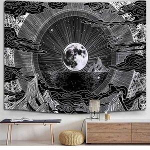 Moon Mountians Tapestry Black and White Wall Hanging Art 51x60 Inches